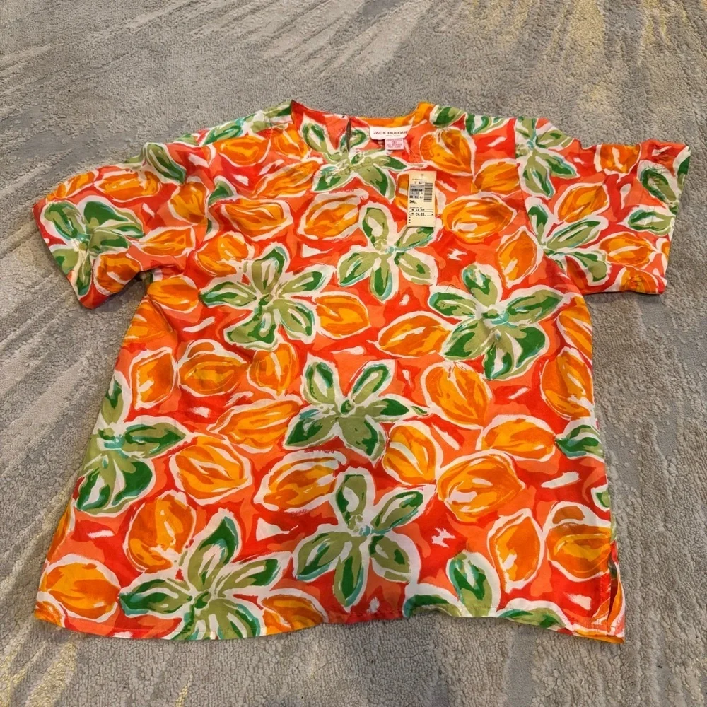 Jack Mulqueen silk floral top orange green short sleeve button front small - Picture 1 of 8